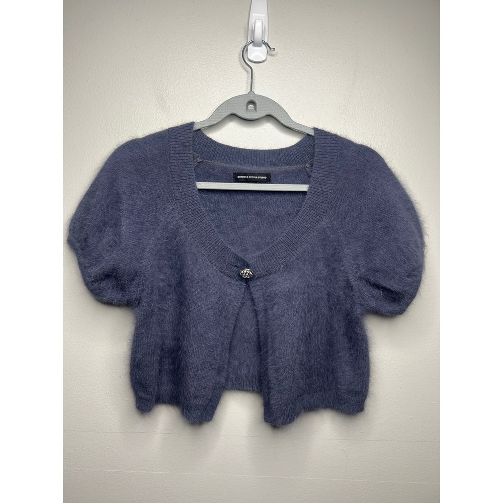 VTG Express Design Studio Blue Angora Blend Cropped Cardigan Short Puff Sleeve S